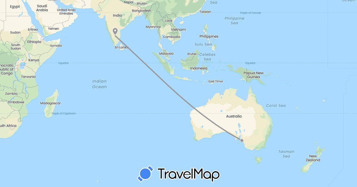 TravelMap itinerary: driving, plane in Australia, India (Asia, Oceania)